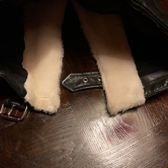 Shearling leather fur coat jacket white / cream and black - Picture 15 of 16